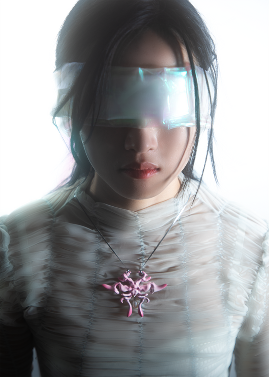 Model wearing 3D printed necklace earrings set with gradient cherry blossm pink finish