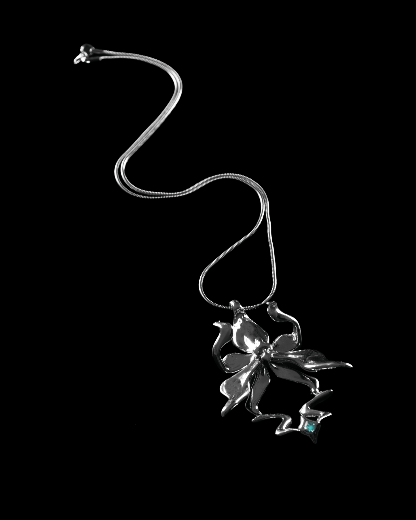 Silver-plated 3D printed resin orchid necklace with gemstone