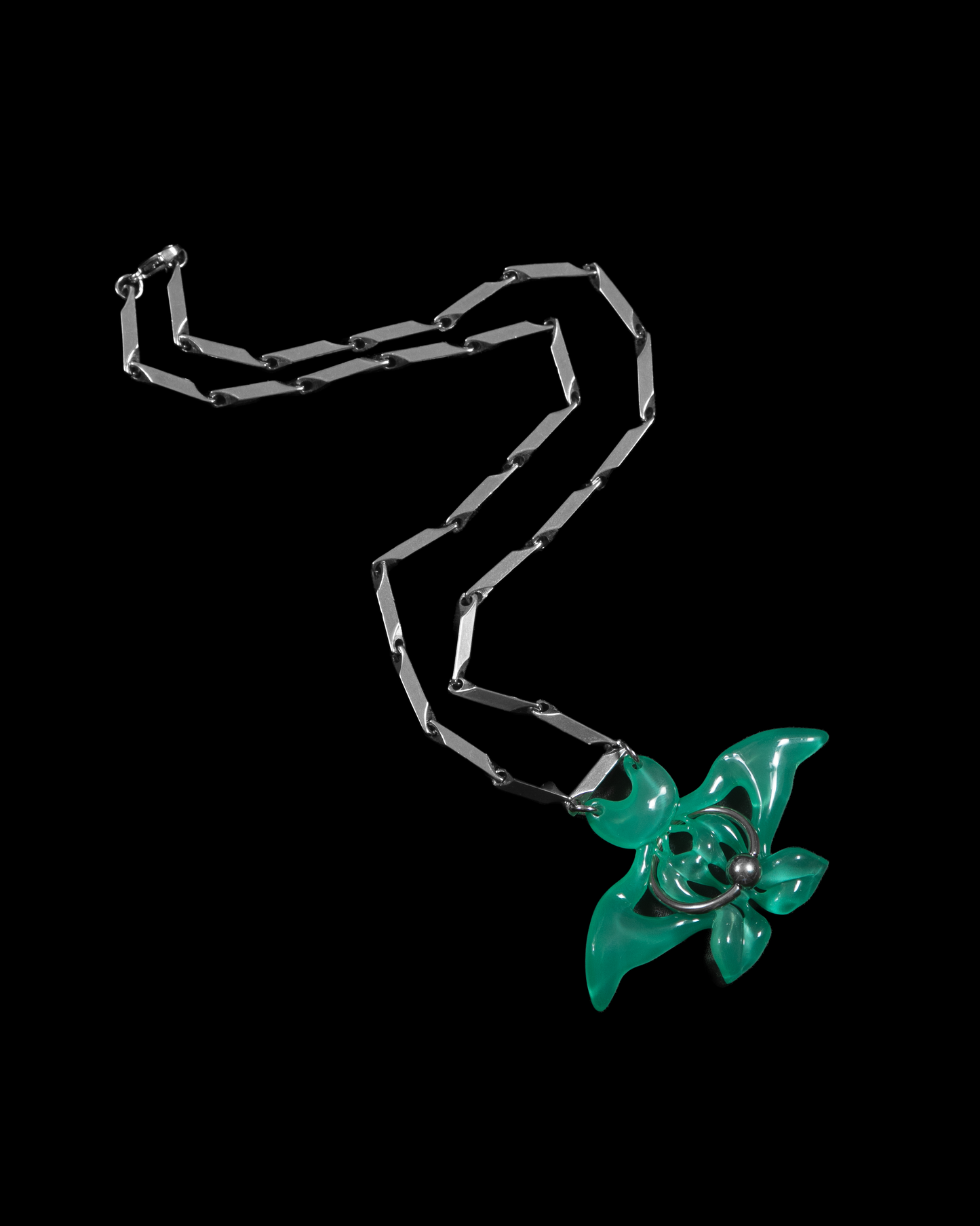 3D printed cat-butterfly necklace with jade-like green finish and piecering